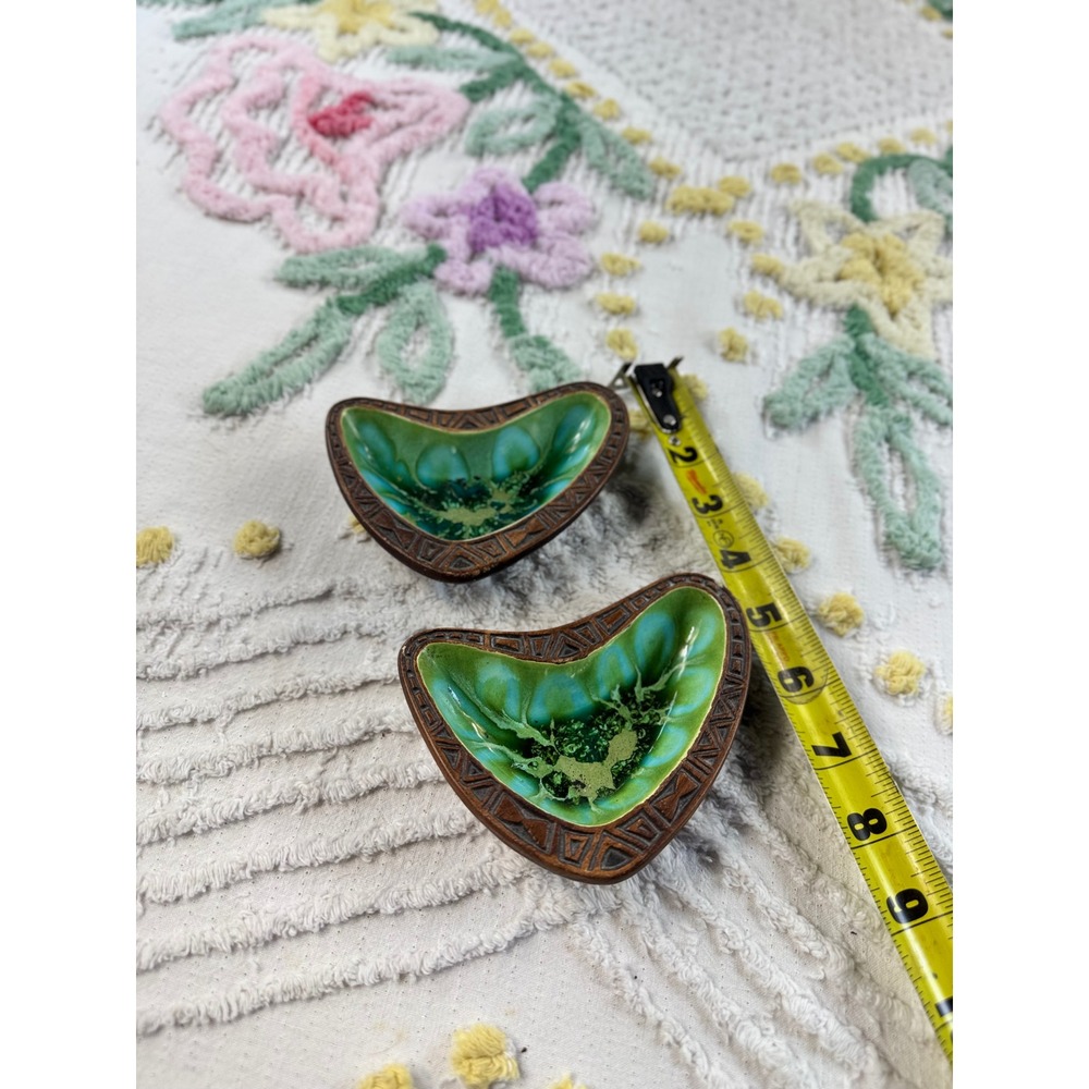 Vintage Treasure Craft USA Boomerang Trinket Dish Set 1960s Green Drip Glaze MCM - Picture 3 of 7